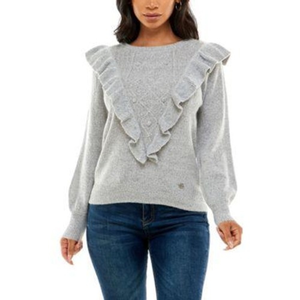 Adrienne Vittadini Ruffle Front Cable Knit Autumn Cozy Sweater Gray Large